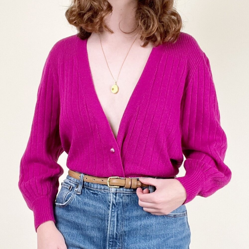 Vintage Lambswool & Angora Hair Ribbed Knit Cardigan Sweater Puffed Poof Sleeves - Picture 2 of 7